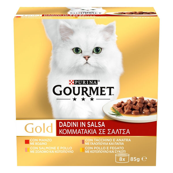 GOURMET® Gold Gatto Dadini in Salsa con Manzo, Tacchino e Anatra, Salmone e Pollo, Pollo e Fegato (8x85 g)