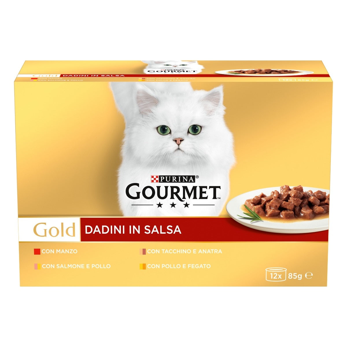 GOURMET® Gold Gatto Dadini in Salsa con Manzo, Salmone e Pollo, Tacchino e Anatra, Pollo e Fegato (12x85 g)