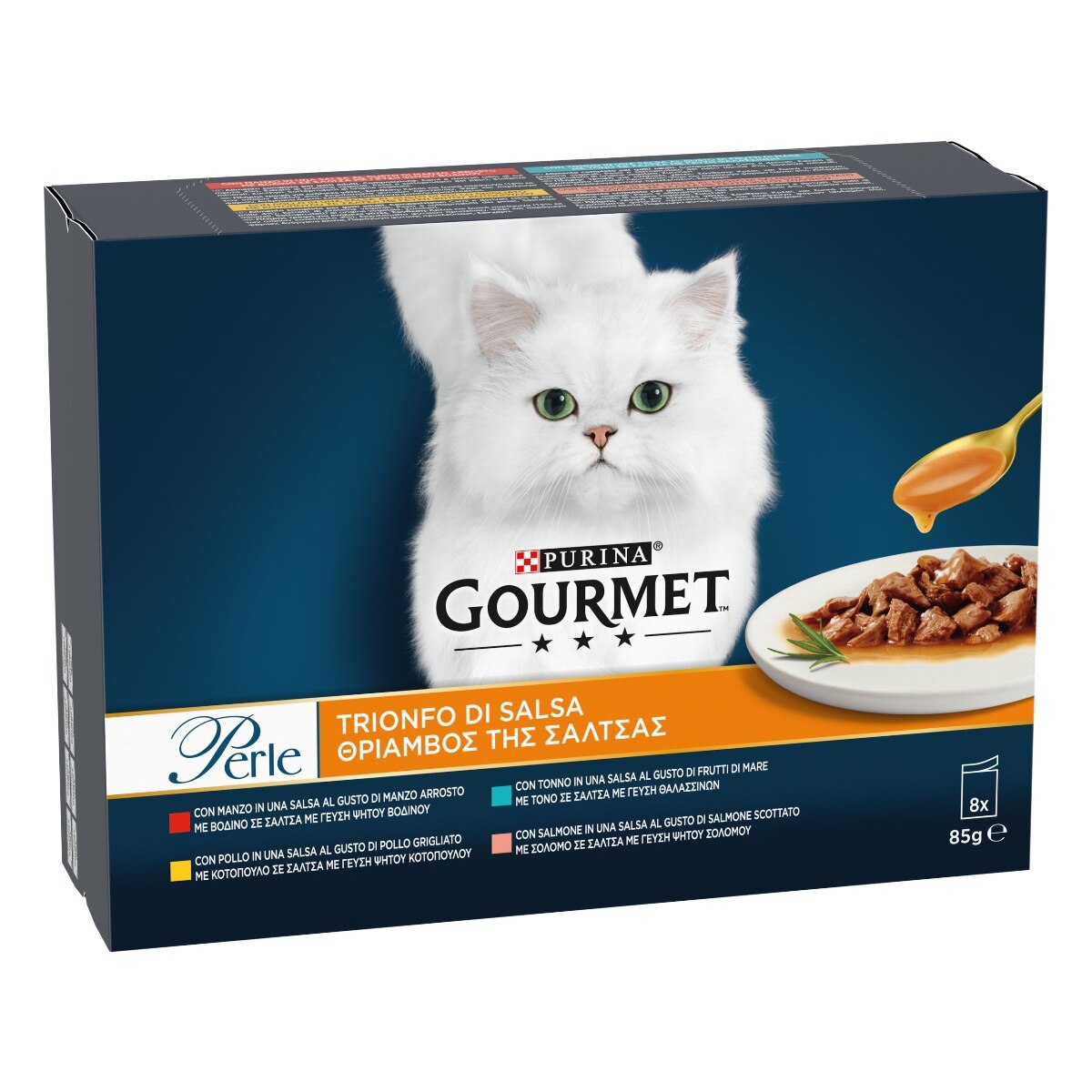 GOURMET® Perle Trionfo di Salsa Gatto con Manzo, Pollo, Salmone, Tonno (8x85 g)