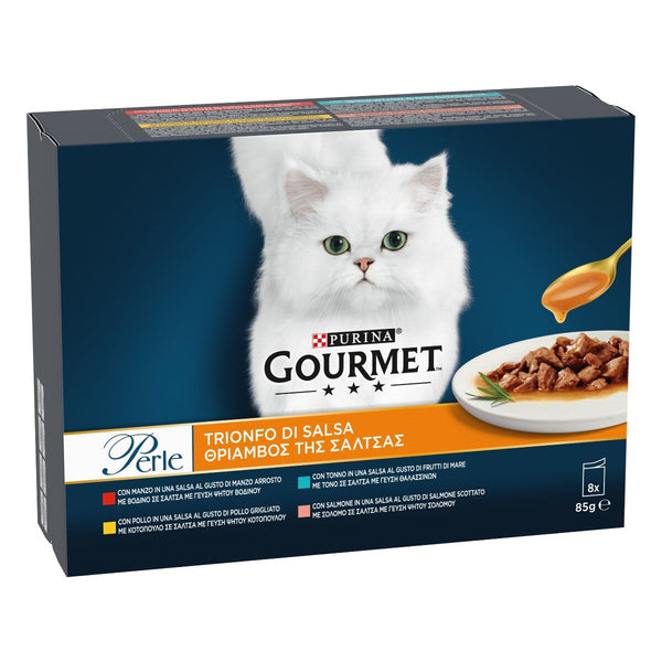GOURMET® Perle Trionfo di Salsa Gatto con Manzo, Pollo, Salmone, Tonno (8x85 g)