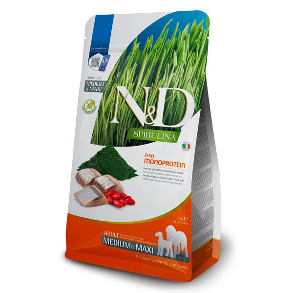 Farmina N&D Grain Free Adult Medium/Large Aringa, Spirulina e Bacche di Goji