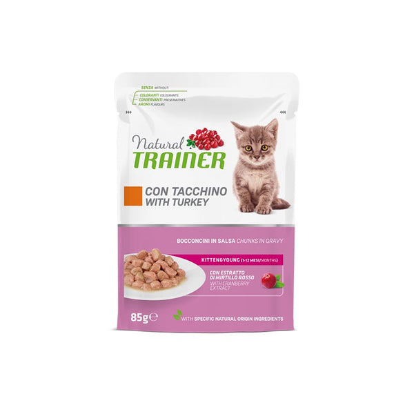 Natural Trainer - Gatto Umido - Kitten&Young con tocchetti di tacchino in salsa 85 Gr