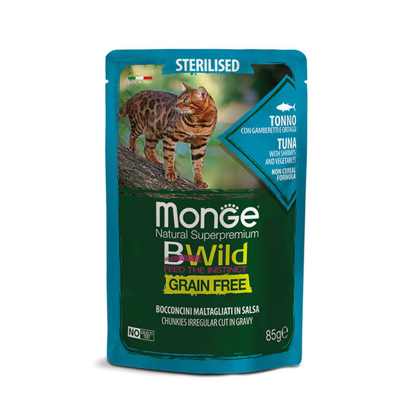 Monge BWild - Gatto Adult -Grain Free – Bocconcini maltagliati in salsa – Tonno con Gamberetti e Ortaggi  85gr