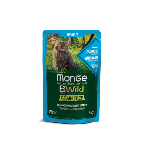 Monge BWild - Grain Free - Gatto Adult – Bocconcini maltagliati in salsa Acciughe con Ortaggi 85gr