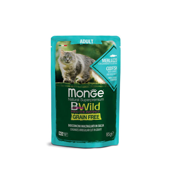 Monge Bwild - Gatto Adult - Grain Free Bocconcini maltagliati in salsa Merluzzo con Gamberetti e Ortaggi 85 gr