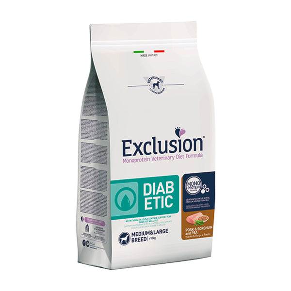 EXCLUSION MONOPROTEIN VET DIET DIABETIC maiale sorgo e piselli medium e large