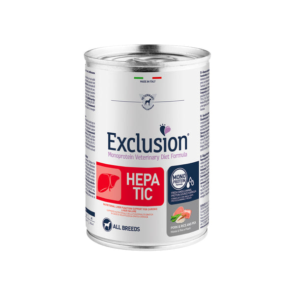 EXCLUSION MONOPROTEIN VET DIET HEPATIC Umido maiale e riso e piselli ALL BREEDS 200/400gr