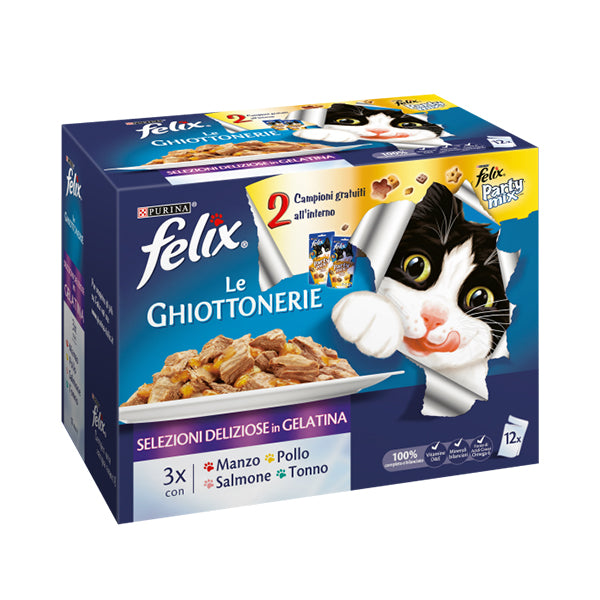 FELIX Le GHIOTTONERIE Gatto confezioni assortite (con Manzo, con Pollo, con Salmone e con Tonno) & Snack FELIX Party Mix