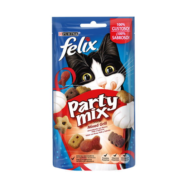 FELIX Party Mix Gatto Snack Mixed Grill Aromatizzato con Manzo, Pollo e Salmone