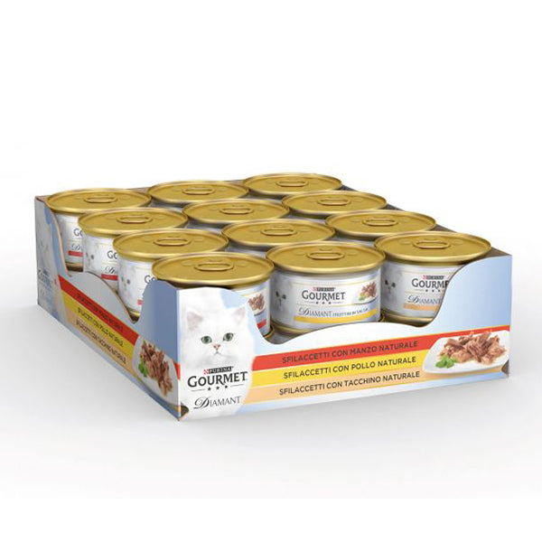 GOURMET Diamant Gatto Vassoio Assortito Sfilaccetti con Pollo Naturale, Manzo Naturale, Tacchino Naturale