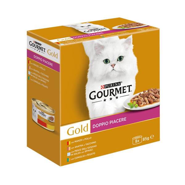 GOURMET Gold Gatto Doppio Piacere con Manzo e Pollo, Coniglio e Fegato, Pesce dell'Oceano, Anatra e Tacchino