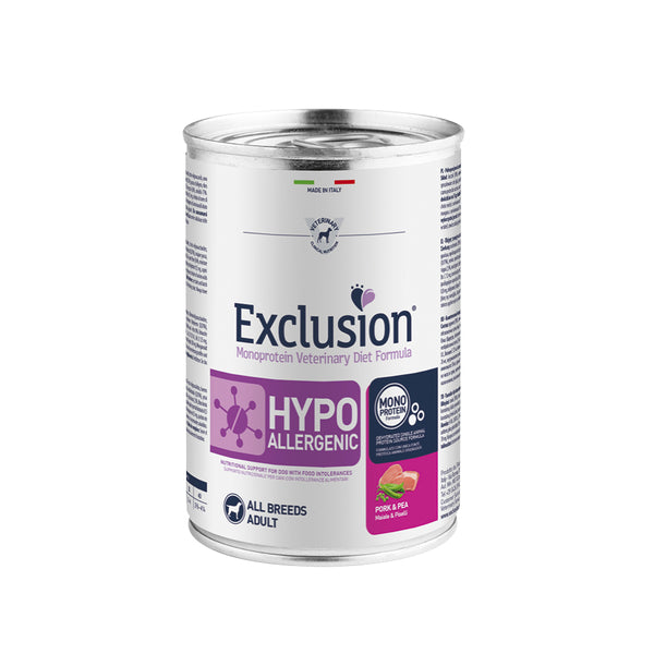 EXCLUSION MONOPROTEIN VET DIET HYPOALLERGENIC Umido cane maiale e piselli ALL BREEDS 200/400gr