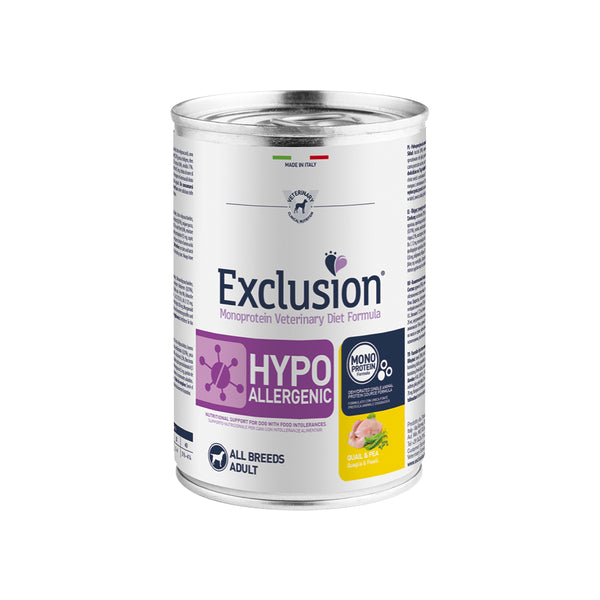 EXCLUSION MONOPROTEIN VET DIET HYPOALLERGENIC Umido cane quaglia e piselli ALL BREEDS 200/400gr