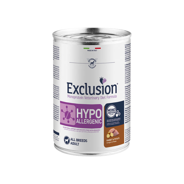 EXCLUSION MONOPROTEIN VET DIET HYPOALLERGENIC Umido cane coniglio e patate ALL BREEDS 200/400gr
