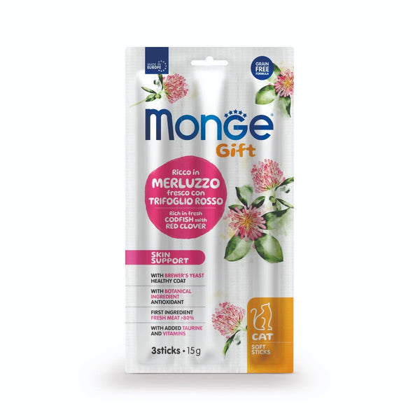 Monge Gift Snack Cat Gift Soft Sticks Skin Support merluzzo con trifoglio rosso
