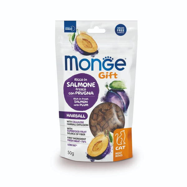 Monge Gift Meat Minis Per Gatti Hairball Ricco in Salmone Fresco con Prugna 50g
