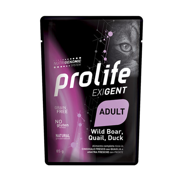 Prolife Exigent adult Cinghiale, Quaglia, Anatra & Patate - umido gatto 85g