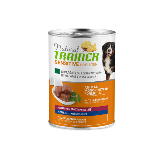 Natural Trainer Sensitive No Gluten Medium&Maxi Adult - Umido Cane - con agnello e cereali integrali - 400Gr