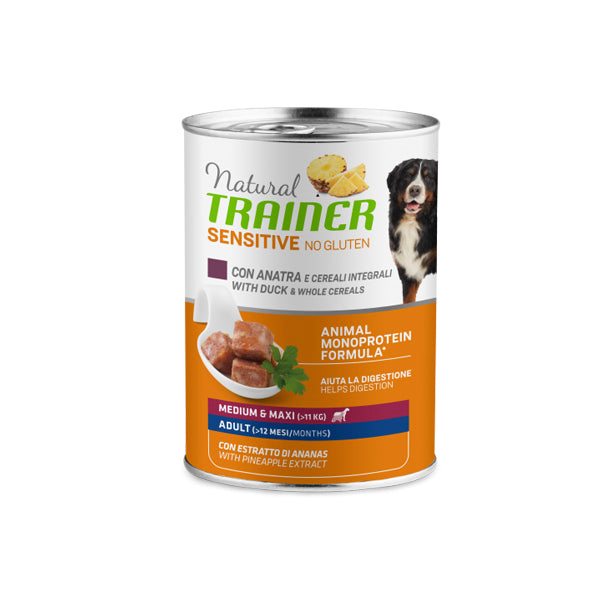 Natural Trainer Sensitive No Gluten Medium&Maxi Adult - Umido Cane - con anatra e cereali integrali - 400Gr
