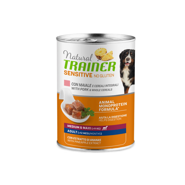 Natural Trainer Sensitive No Gluten Medium&Maxi Adult - Umido Cane - con maiale e cereali integrali - 400Gr