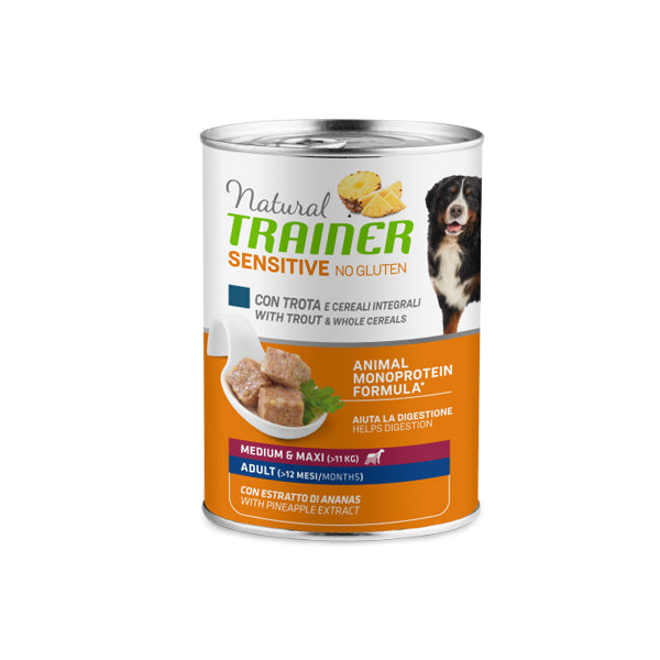 Natural Trainer Sensitive No Gluten Medium&Maxi Adult - Umido Cane - con trota e cereali integrali - 400Gr