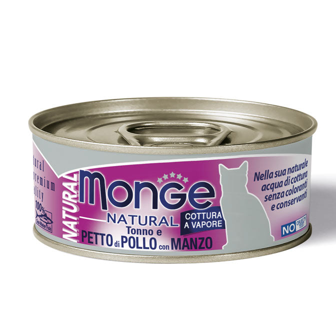 Monge Natural umido gatto Pezzetti di tonno e petto di pollo con manzo