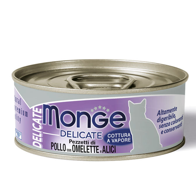 Monge Delicate umido gatto Pezzetti di pollo con Omelette e Acciughine