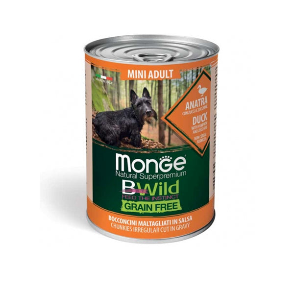 Monge BWild - Umido Cane - Grain Free – Bocconcini maltagliati in salsa – Anatra con Zucca e Zucchine – Mini Adult 400gr