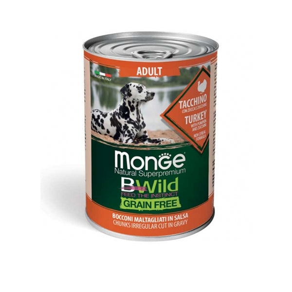 Monge BWild - Grain Free – Bocconi maltagliati in salsa – Tacchino con Zucca e Zucchine – Adult 400gr