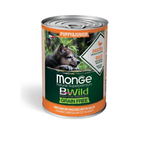 Monge BWild - Umido Cane - Grain Free – Bocconcini maltagliati in salsa – Anatra con Zucca e Zucchine – Puppy & Junior